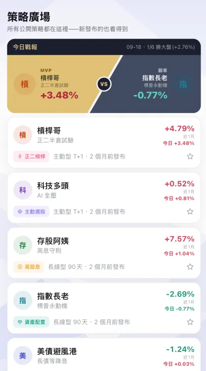 自製 App 畫面 — 策略廣場與今日戰報